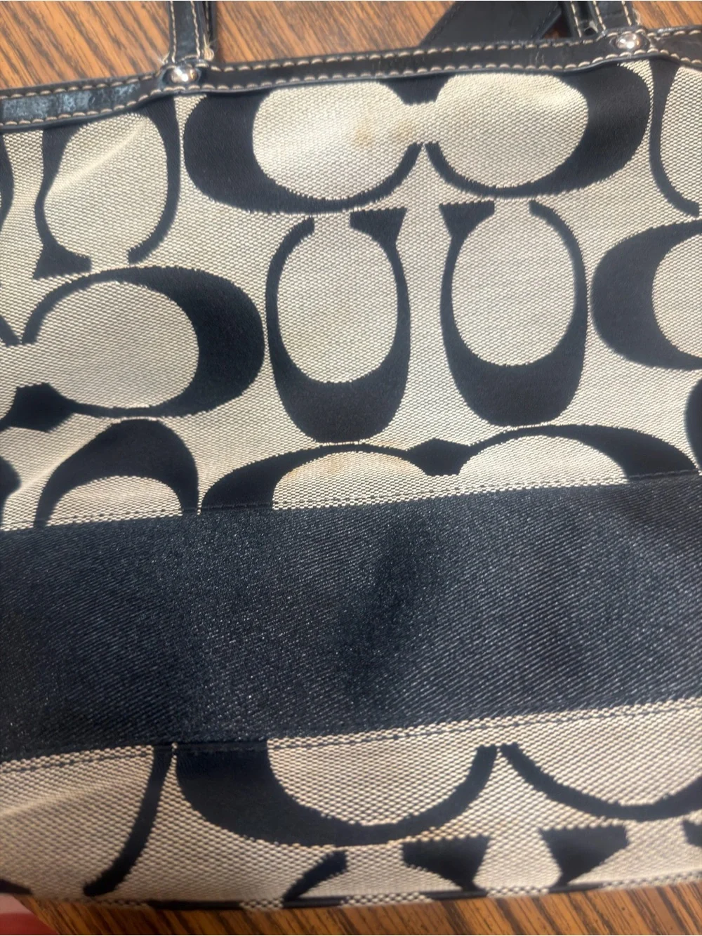 Coach Signature Black & Khaki Canvas Tote Shoulder Bag Purse Leather Trim F17433